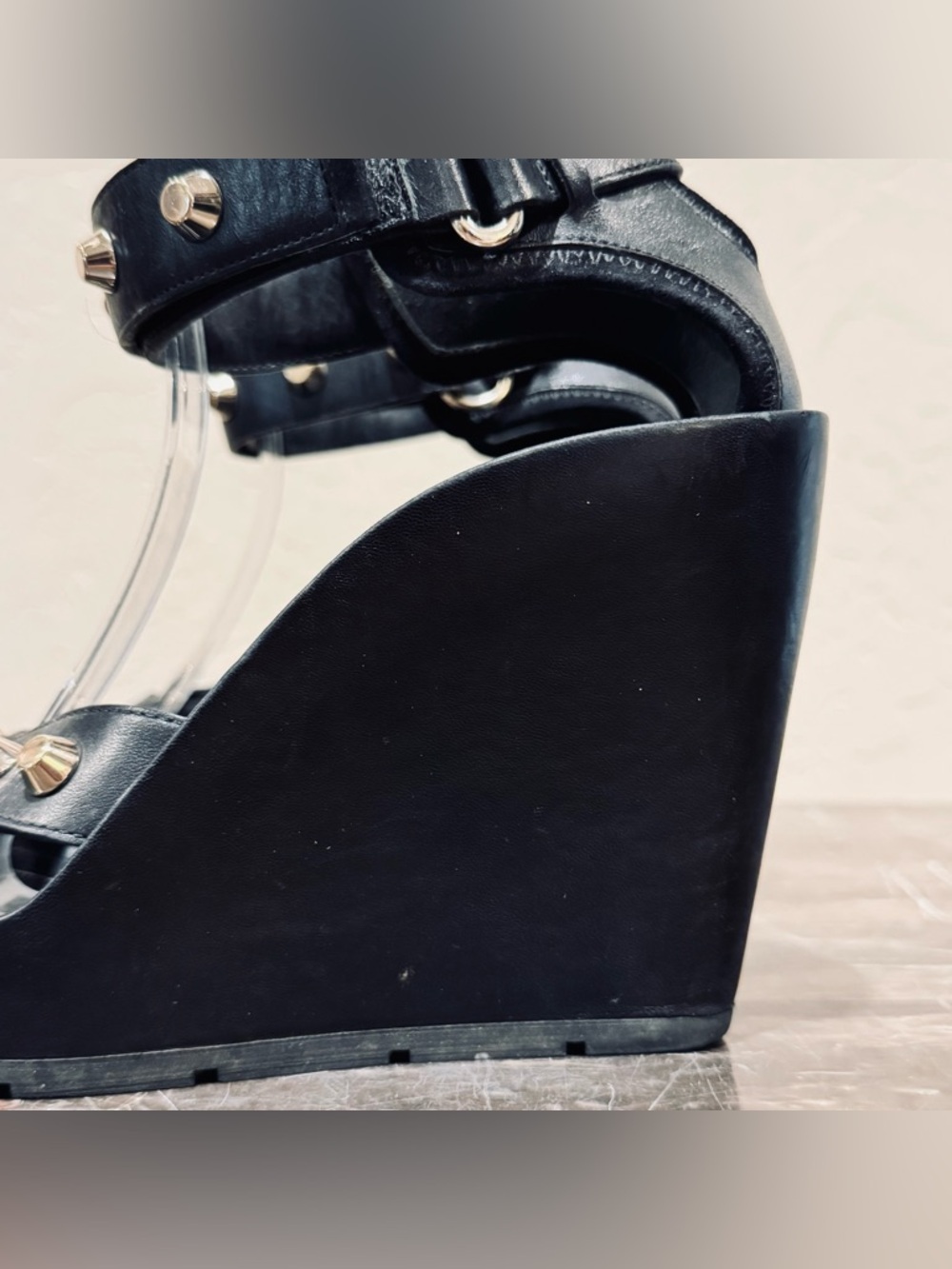 Balenciaga Black Leather Studded Wedge Sandals - Picture 5 of 16